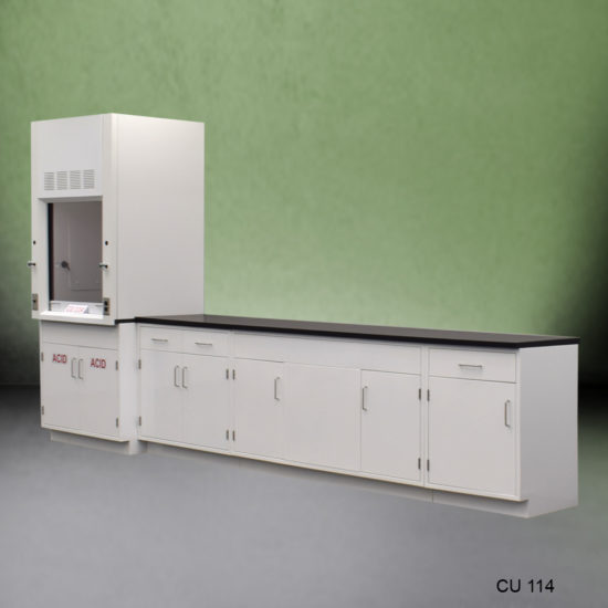 Angle View of 3′ Fisher American Fume Hood w/ 10′ Cabinets & Acid Storage