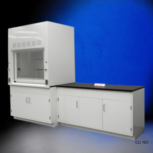 4' Fisher American Fume Hood w/ 5' General Cabinets Front Angle