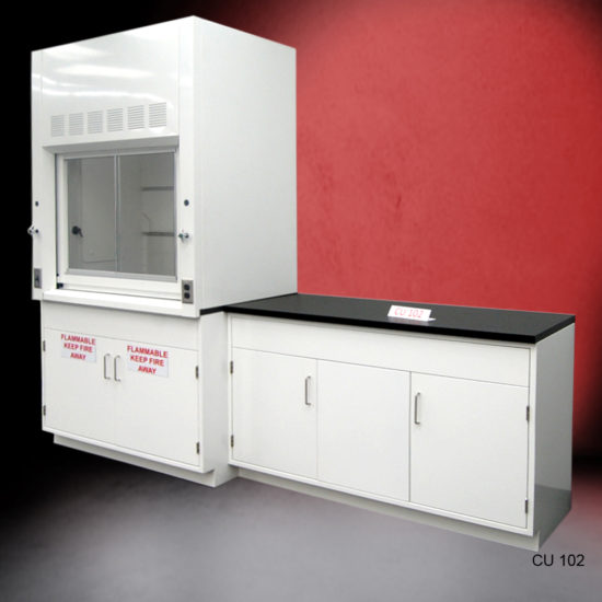 4′ Fisher American Fume Hood w/ Flammable Storage & 5′ Cabinets Side Angle