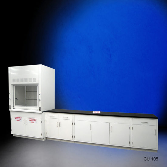 4′ Fisher American Fume Hood w/ Flammable Storage & 10′ Cabinets Front Angle