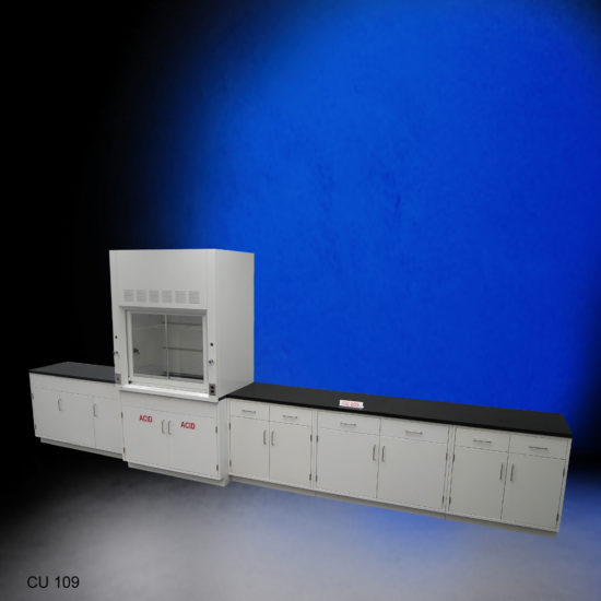 4′ Fisher American Fume Hood w/ Acid Storage & 15′ Cabinets Angle View