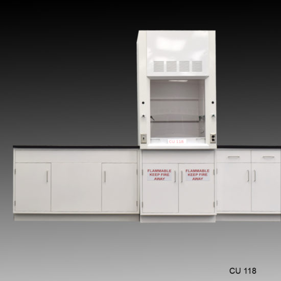 3′ Fisher American Fume Hood w/ 15′ Cabinets & Flammable Storage open