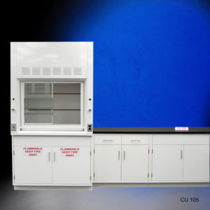 Alt front view of 4′ Fisher American Fume Hood w/ Flammable Storage & 10′ Cabinets