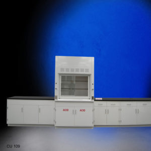 4′ Fisher American Fume Hood w/ Acid Storage & 15′ Cabinets front view 4