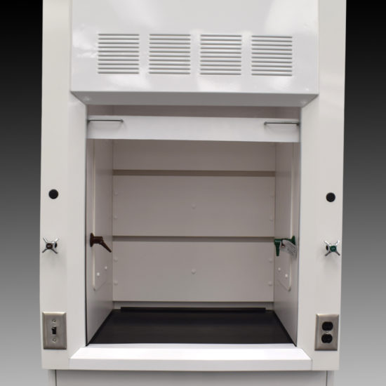 Front of 3′ Fisher American Fume Hood w/ Acid Storage & 5′ Cabinets