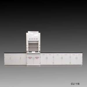 Front of 3′ Fisher American Fume Hood w/ 15′ Cabinets & Flammable Storage
