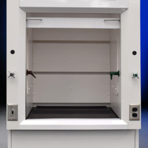 3′ Fisher American Fume Hood w/ 14′ Cabinets & Flammable Storage front up close view