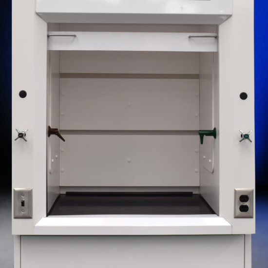 3′ Fisher American Fume Hood w/ 14′ Cabinets & Flammable Storage front up close view