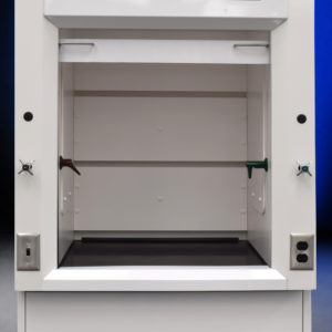 Close front view of 3' Fisher American Fume Hood w/ 4' Cabinets