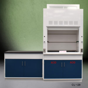 4′ Fisher American Fume Hood w/ Acid Storage & 4′ Cabinets Front