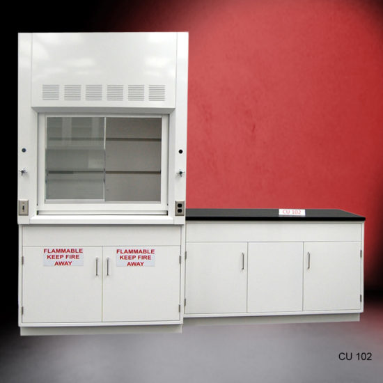 4′ Fisher American Fume Hood w/ Flammable Storage & 5′ Cabinets Open