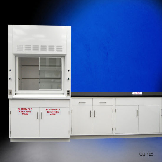 Front of 4′ Fisher American Fume Hood w/ Flammable Storage & 10′ Cabinets