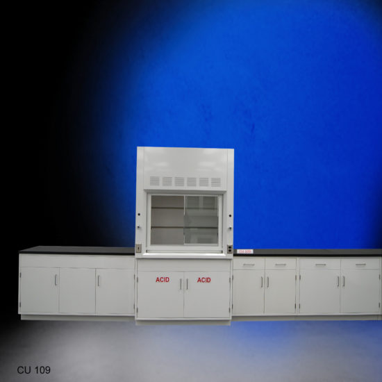 4′ Fisher American Fume Hood w/ Acid Storage & 15′ Cabinets front view 3