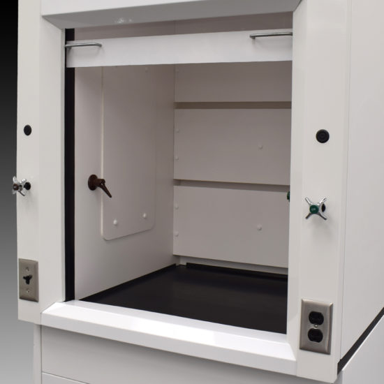 Inside angle view of 3′ Fisher American Fume Hood w/ Acid Storage & 5′ Cabinets