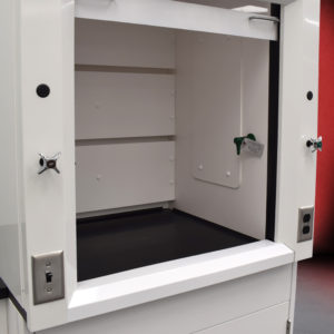 Angled inside view of 3' Fisher American Fume Hood w/ 15' Cabinets