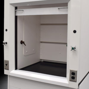 Close inside view of 3′ Fisher American Fume Hood w/ 15′ Cabinets & Acid Storage