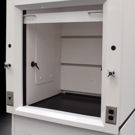 Close inside view of 3′ Fisher American Fume Hood w/ 15′ Cabinets & Acid Storage