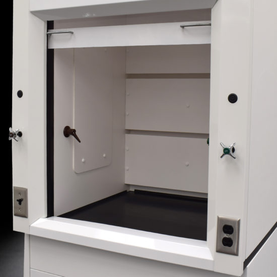 Inside of 3′ Fisher American Fume Hood w/ 10′ Cabinets & Acid Storage