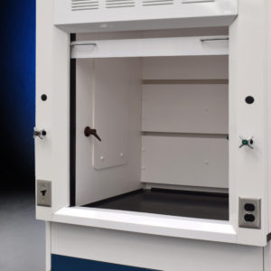 3′ Fisher American Fume Hood w/ 14′ Cabinets & Flammable Storage inside close view