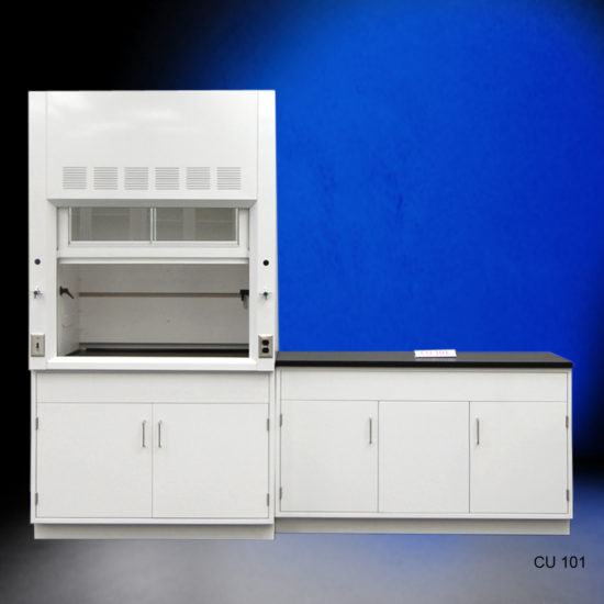 Front of 4' Fisher American Fume Hood w/ 5' General Cabinets