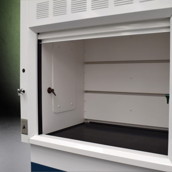 Close up 4′ Fisher American Fume Hood w/ Acid Storage & 4′ Cabinets