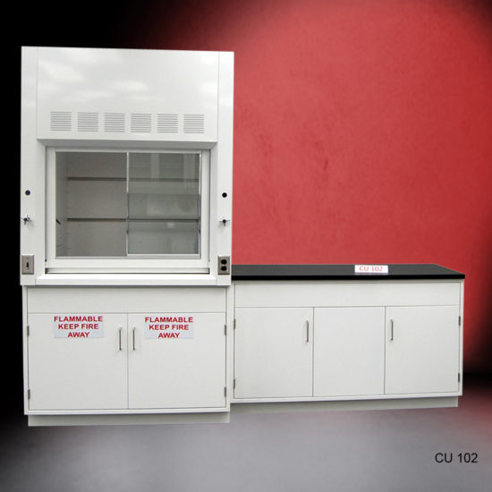 4′ Fisher American Fume Hood w/ Flammable Storage & 5′ Cabinets front angle