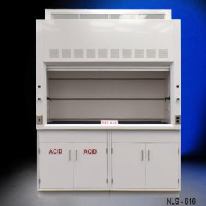 Front of NLS 616 6′ Fisher American Fume Hood w/ Acid & General Storage