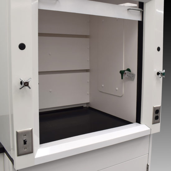 Inside of 3′ Fisher American Fume Hood w/ Acid Storage & 5′ Cabinets