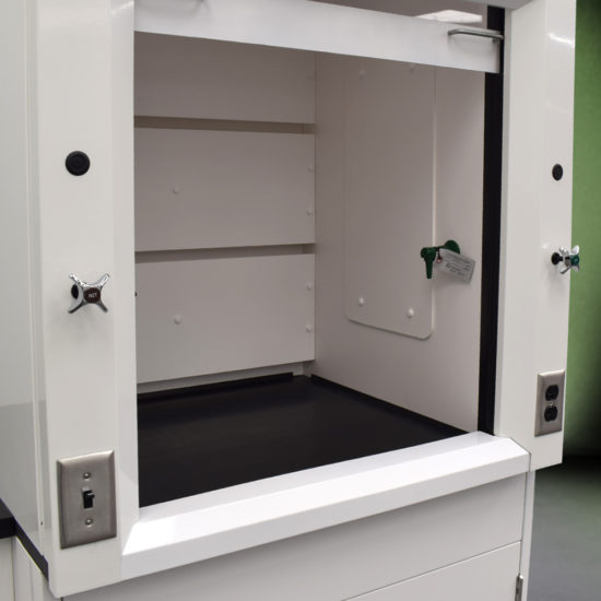 Close up of 3′ Fisher American Fume Hood w/ 15′ Cabinets & Acid Storage