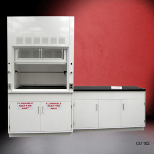 4′ Fisher American Fume Hood w/ Flammable Storage & 5′ Cabinets front view