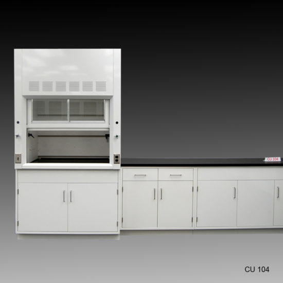 Front view 2 4' Fisher American Fume Hood w/ 10' Cabinets