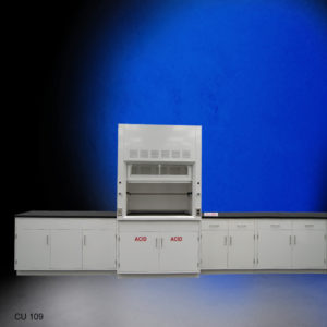 4′ Fisher American Fume Hood w/ Acid Storage & 15′ Cabinets front 2
