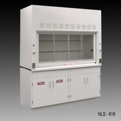 Angled view of 6 Foot Fisher American Fume Hood with one acid storage cabinet and one general storage cabinet