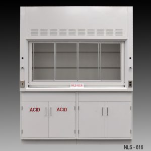Front view of 6 Foot Fisher American Fume Hood with one acid storage cabinet and one general storage cabinet