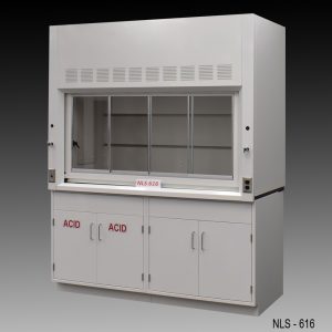 Angled view of 6 Foot Fisher American Fume Hood with one acid storage cabinet and one general storage cabinet