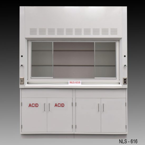 Front view of 6 Foot Fisher American Fume Hood with one acid storage cabinet and one general storage cabinet