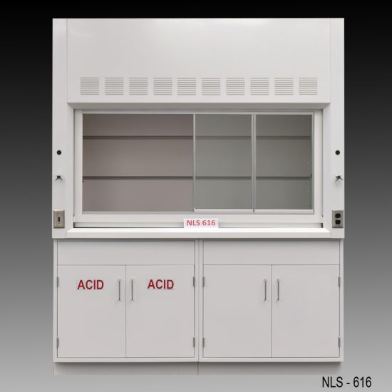 Front view of 6 Foot Fisher American Fume Hood with one acid storage cabinet and one general storage cabinet