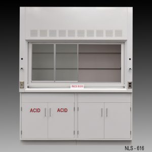Front view of 6 Foot Fisher American Fume Hood with one acid storage cabinet and one general storage cabinet. Sash is partially open.