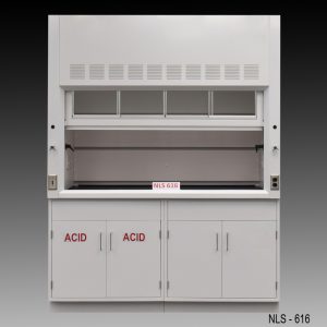 Front view of 6 Foot Fisher American Fume Hood with one acid storage cabinet and one general storage cabinet. Sash is open.