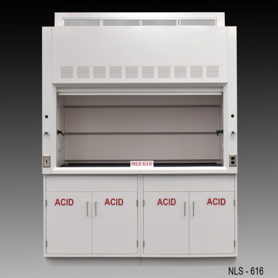 Front view of 6 Foot Fisher American Fume Hood with one acid storage cabinet and one general storage cabinet