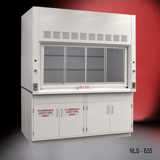 6' Fisher American laboratory fume hood that features a large, clear viewing window with ventilation slots above it. The lower section has cabinets with doors labeled "FLAMMABLE KEEP FIRE AWAY," indicating that they are intended for storing flammable materials. There are also general storage cabinets.