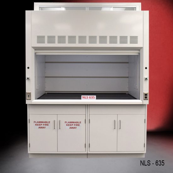 Laboratory fume hood labeled "NLS 635." The fume hood features a large, clear viewing window with ventilation slots above it. The lower section has cabinets with doors labeled "FLAMMABLE KEEP FIRE AWAY," indicating that they are intended for storing flammable materials. The fume hood is constructed from metal and has a sleek, clean design, suitable for laboratory environments where handling of hazardous substances is required.