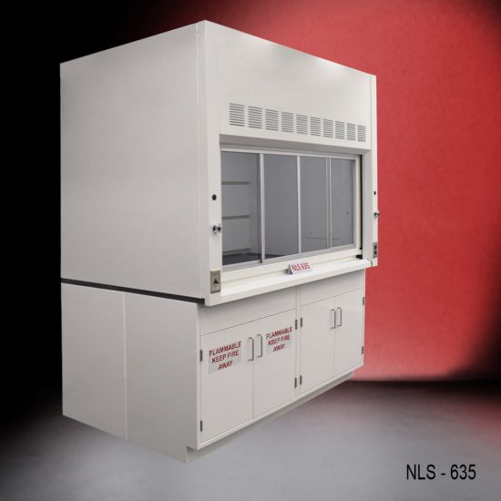 6-foot Fisher American laboratory fume hood that features a large, clear viewing window with ventilation slots above it. The lower section has cabinets with doors labeled "FLAMMABLE KEEP FIRE AWAY," indicating that they are intended for storing flammable materials.