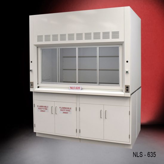 6-ft Fisher American laboratory fume hood that features a large, clear viewing window with ventilation slots above it. The lower section has cabinets with doors labeled "FLAMMABLE KEEP FIRE AWAY," indicating that they are intended for storing flammable materials.