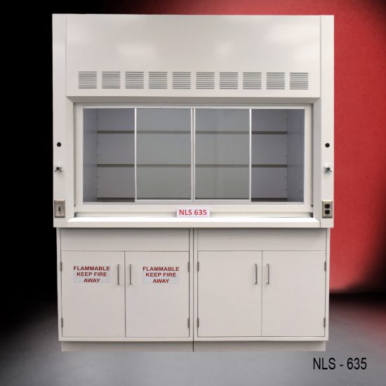 6-ft Fisher American laboratory fume hood that features a large, clear viewing window with ventilation slots above it. The lower section has cabinets with doors labeled "FLAMMABLE KEEP FIRE AWAY," indicating that they are intended for storing flammable materials. The fume hood is constructed from metal and has a sleek, clean design, suitable for laboratory environments where handling of hazardous substances is required.
