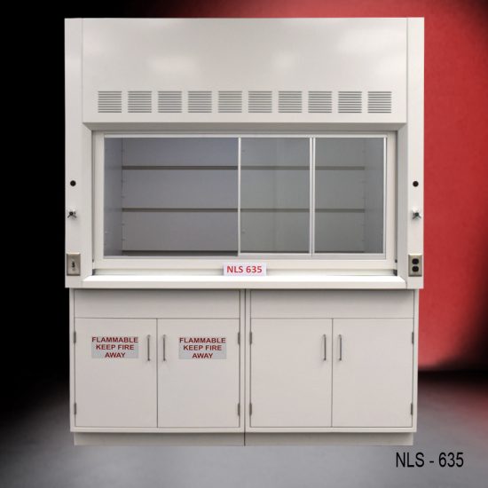 6-ft Laboratory fume hood labeled "NLS 635." The fume hood features a large, clear viewing window with ventilation slots above it. The lower section has cabinets with doors labeled "FLAMMABLE KEEP FIRE AWAY," indicating that they are intended for storing flammable materials. The fume hood is constructed from metal and has a sleek, clean design, suitable for laboratory environments where handling of hazardous substances is required.
