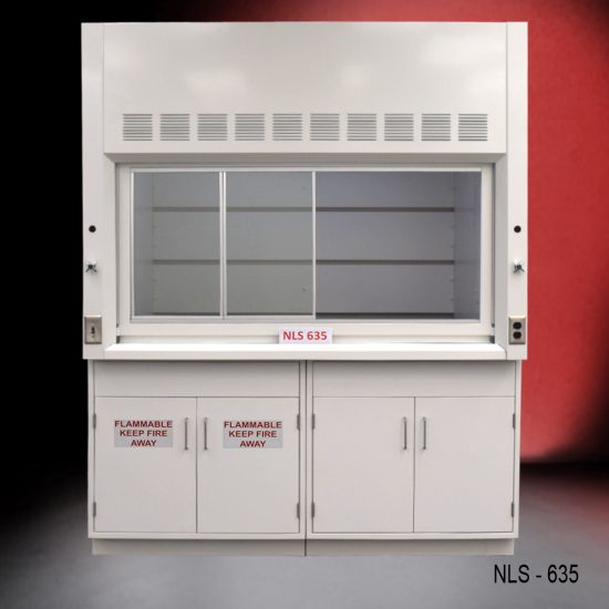 6-foot Laboratory fume hood labeled "NLS 635." The fume hood features a large, clear viewing window with ventilation slots above it. The lower section has cabinets with doors labeled "FLAMMABLE KEEP FIRE AWAY," indicating that they are intended for storing flammable materials. The fume hood is constructed from metal and has a sleek, clean design, suitable for laboratory environments where handling of hazardous substances is required.