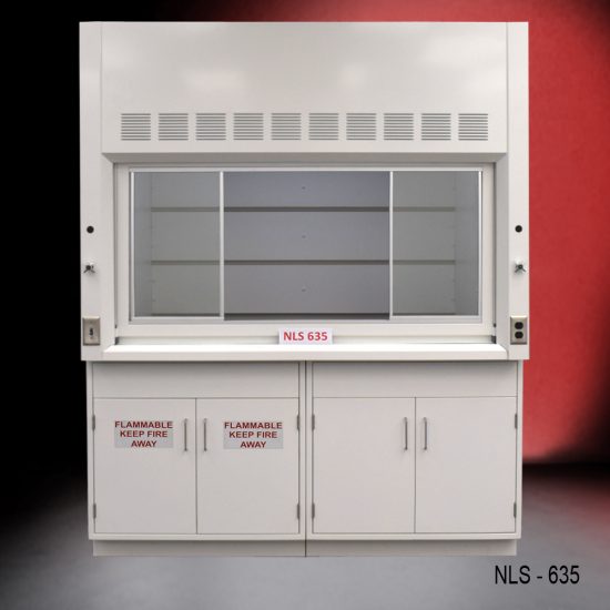 6' Laboratory fume hood labeled "NLS 635." The fume hood features a large, clear viewing window with ventilation slots above it. The lower section has cabinets with doors labeled "FLAMMABLE KEEP FIRE AWAY," indicating that they are intended for storing flammable materials. The fume hood is constructed from metal and has a sleek, clean design, suitable for laboratory environments where handling of hazardous substances is required.