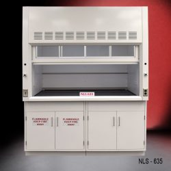 Laboratory fume hood labeled "NLS 635." The fume hood features a large, clear viewing window with ventilation slots above it. The sash is partially closed. The lower section has cabinets with doors labeled "FLAMMABLE KEEP FIRE AWAY," indicating that they are intended for storing flammable materials. The fume hood is constructed from metal and has a sleek, clean design, suitable for laboratory environments where handling of hazardous substances is required.