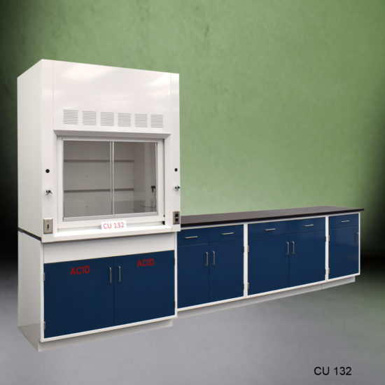 4′ Fisher American Fume Hood w/ Acid Storage & 9′ Cabinets angle view